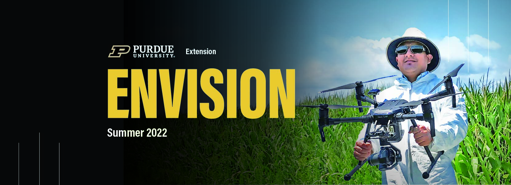 Purdue College of Agriculture and Extension Envision magazine, summer issue - man flying a drone in the field
