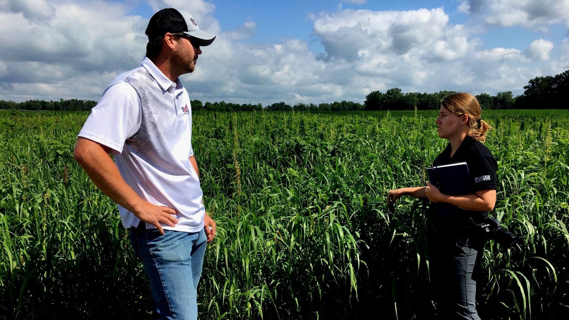 Two people having a conversation in a farm field