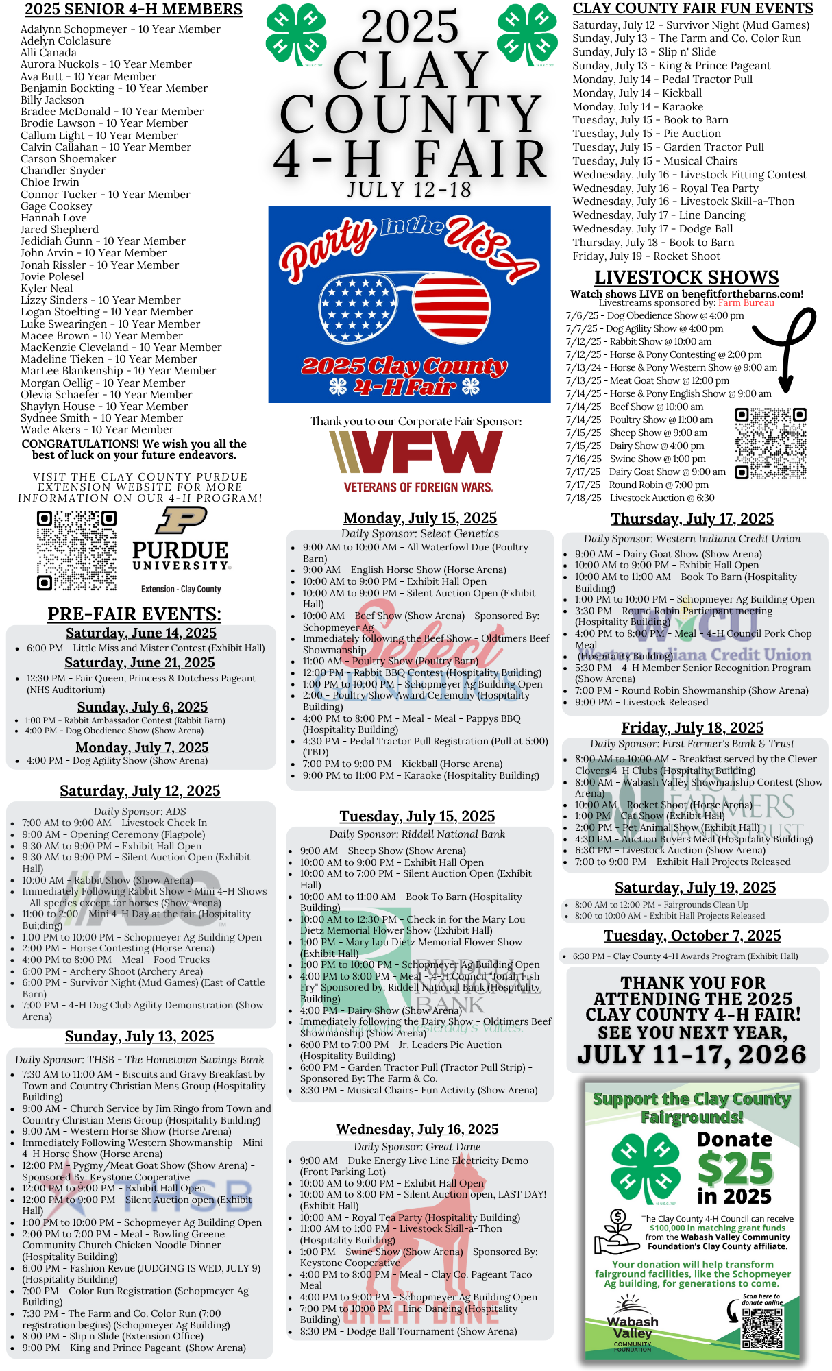 2025 Clay County 4-H Fair Schedule