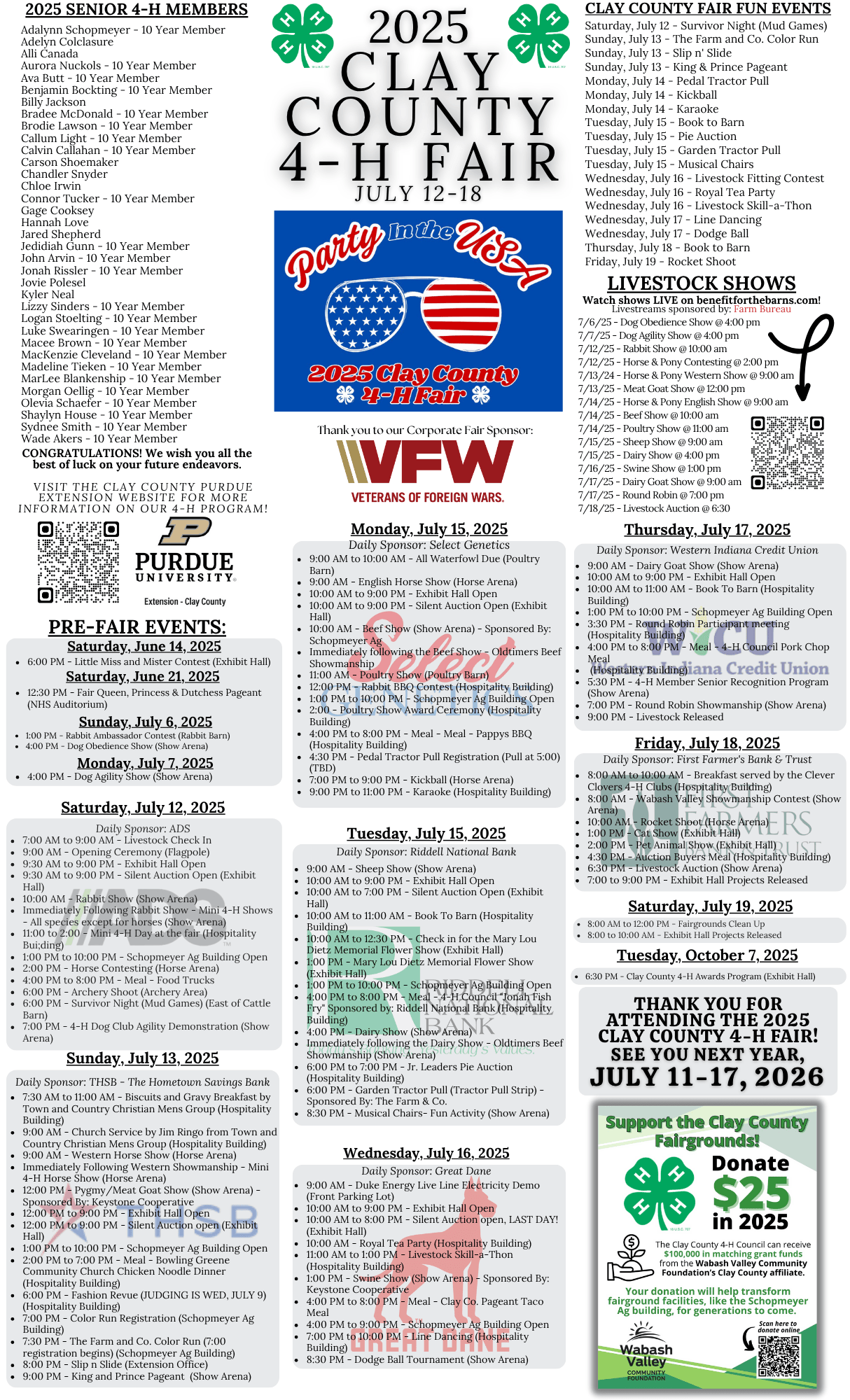 2025 Clay County 4-H Fair Schedule