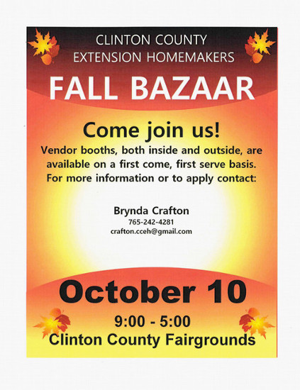 Promotional flyer for the Clinton County Extension Homemakers Fall Bazaar taking place on October 10th