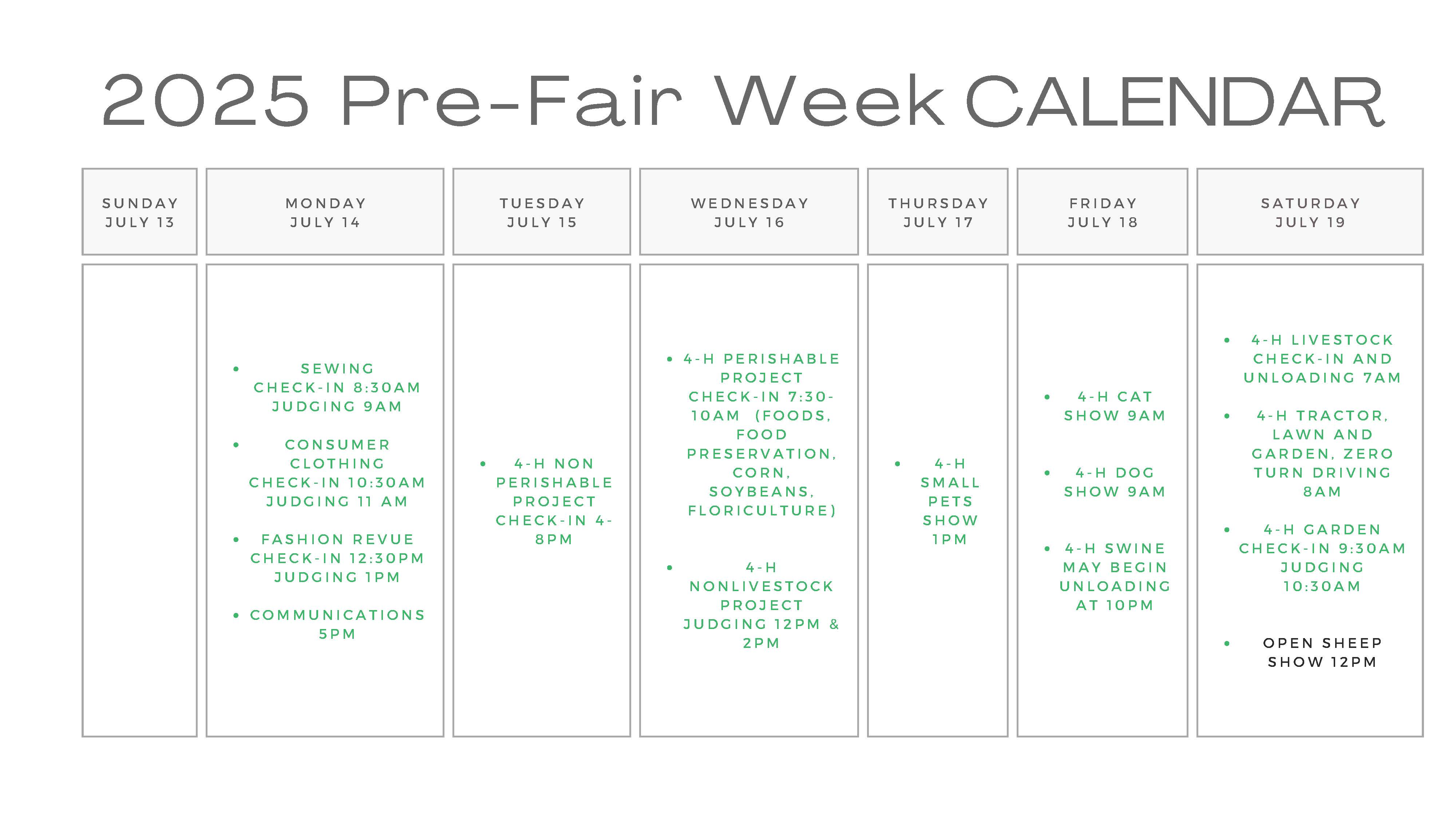 2025 Pre-Fair Schedule