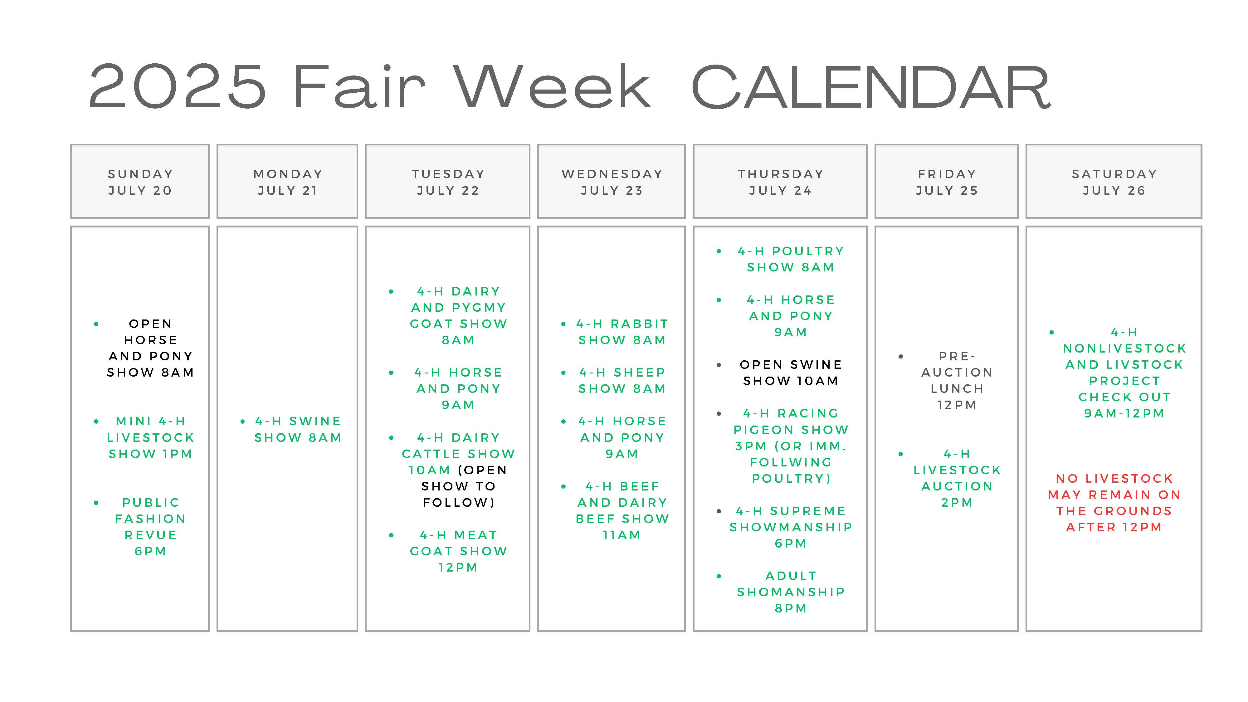 2025 Fair Schedule