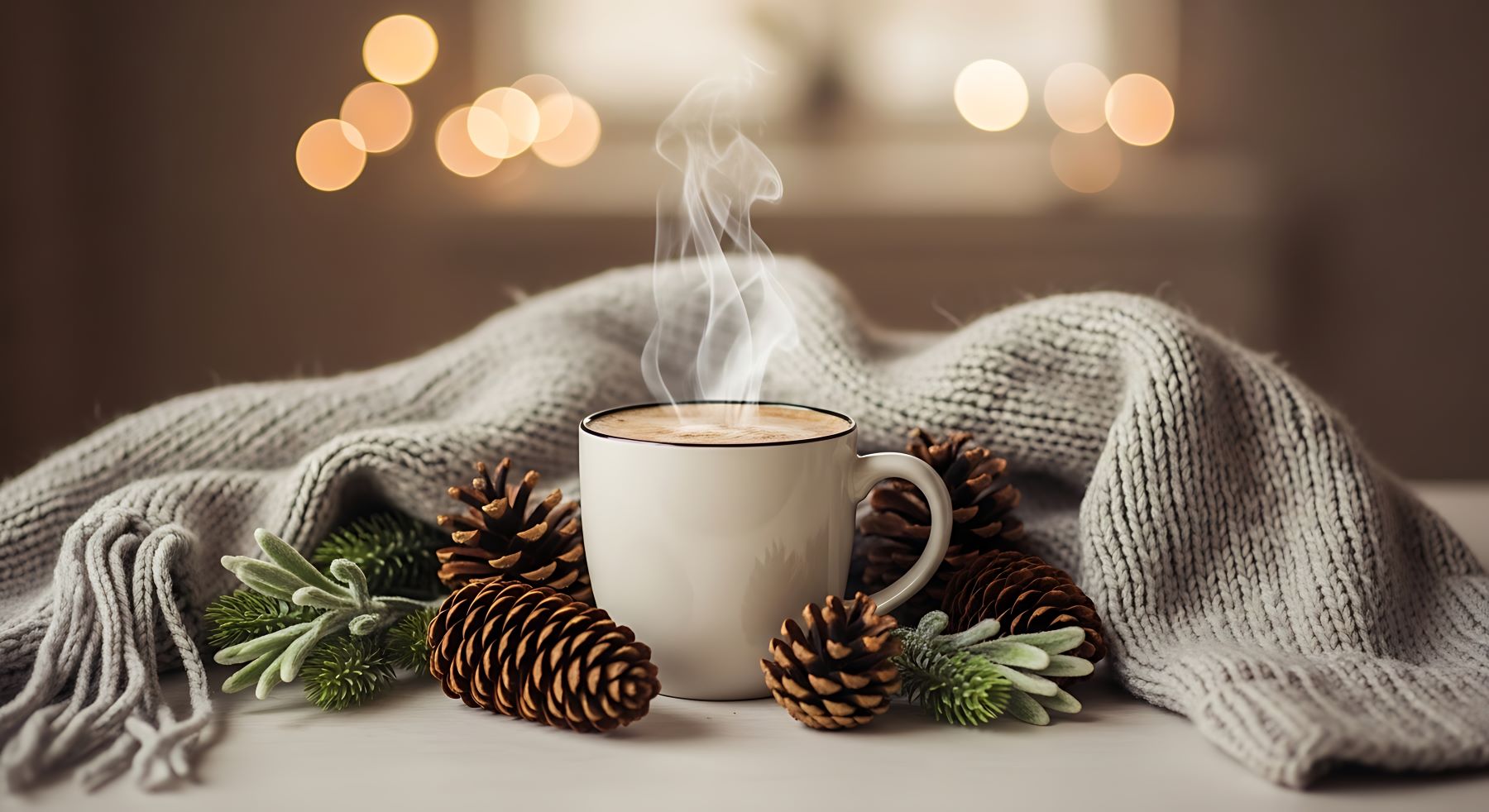 Steaming mug of hot tea surrounded by warm scarf and pinecones.