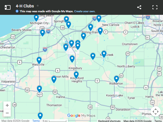 Map showing multiple 4-H club locations across northern Indiana, including areas around Michigan City, LaPorte, Westville, and Walkerton