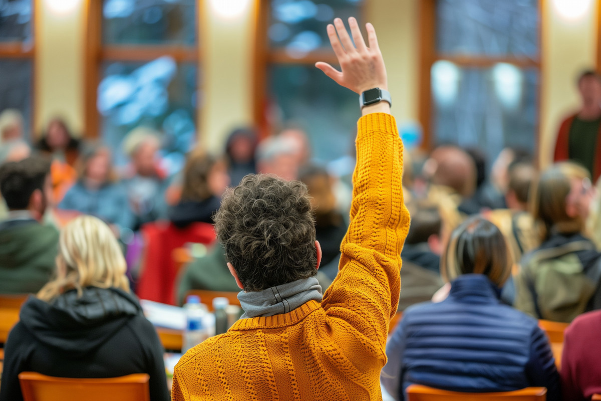 Seated person raising hand at a meeting