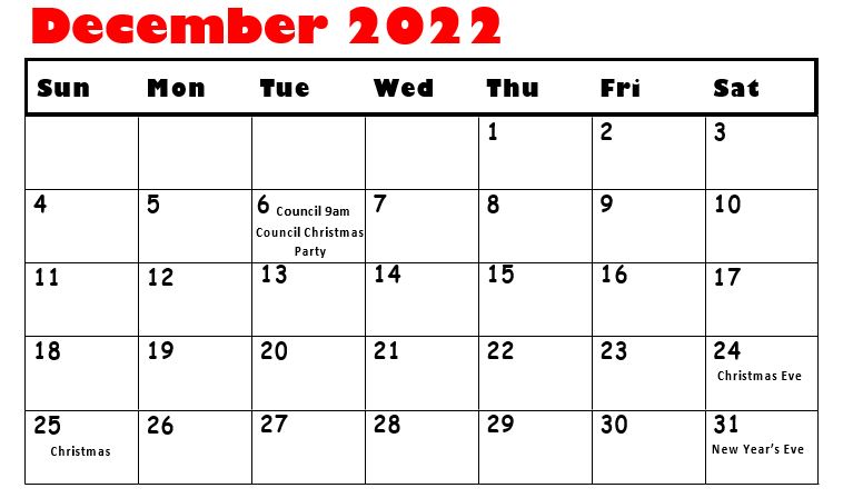 December Calendar With Holiday's labeled and Extension Homemaker meetings labeled 