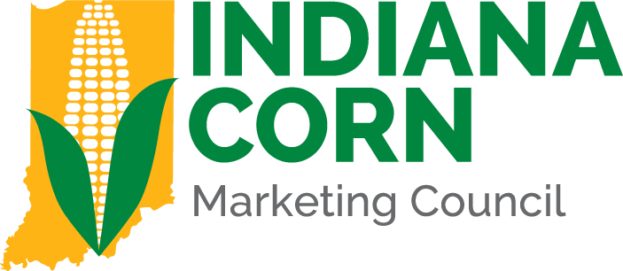 Indiana Corn Marketing Council Logo The state of Indiana with a full ear of corn superimposed over it. 