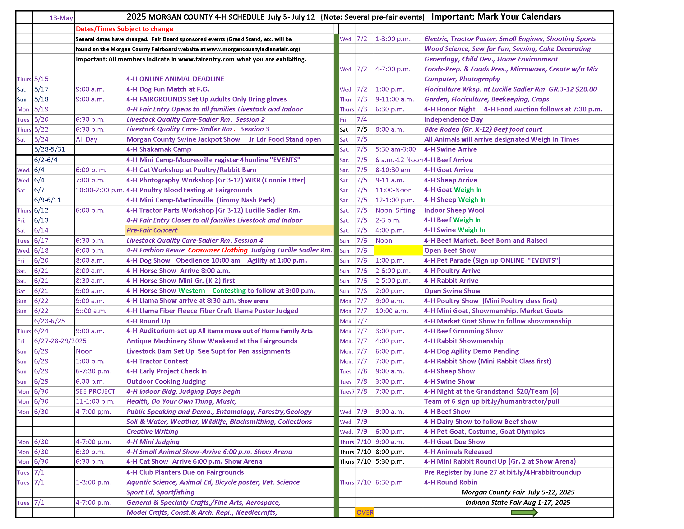 2025 Pre-Fair & Fair Calendar 