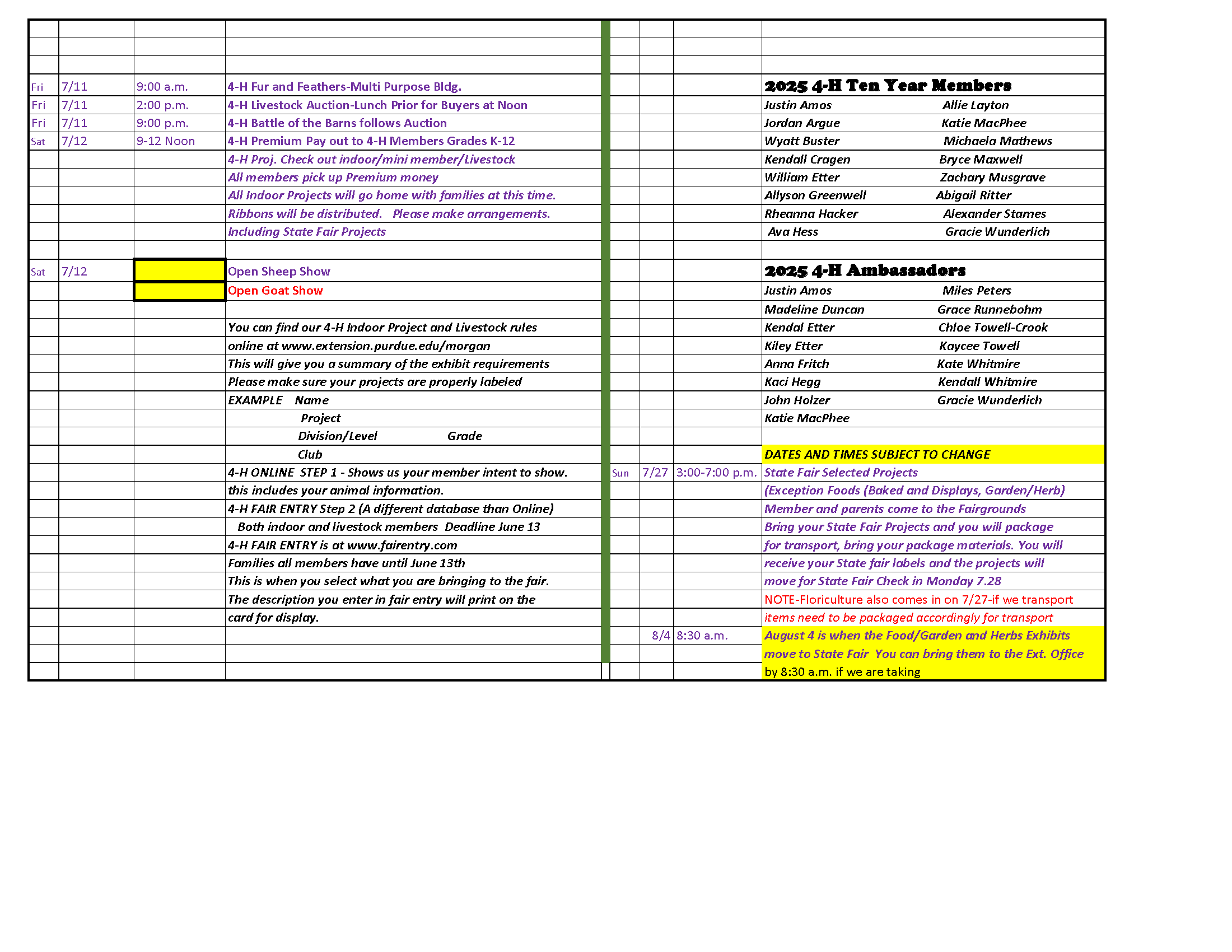 2025 Pre Fair & Fair Events Calendar