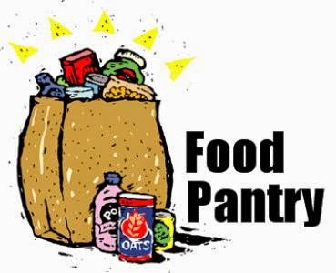 brown paper bag with canned good and produce on the top.  The words food pantry are to the right of the bag