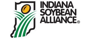 Indiana soybean Alliance Logo.  The state of Indiana with a soybean superimposed on it. 