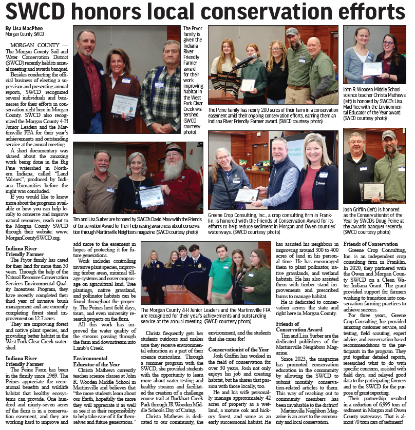 This is a screenshot of a newspaper article from the Morgan County Correspondant titled SWCD honors local conservation efforts.  Our 4-H Junior Leaders are featured in the article and photo aray.