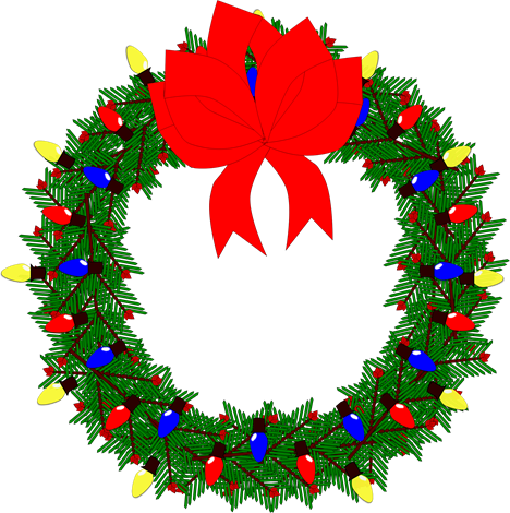 cartoon of an evergreen wreath with holiday lights and decorations on it