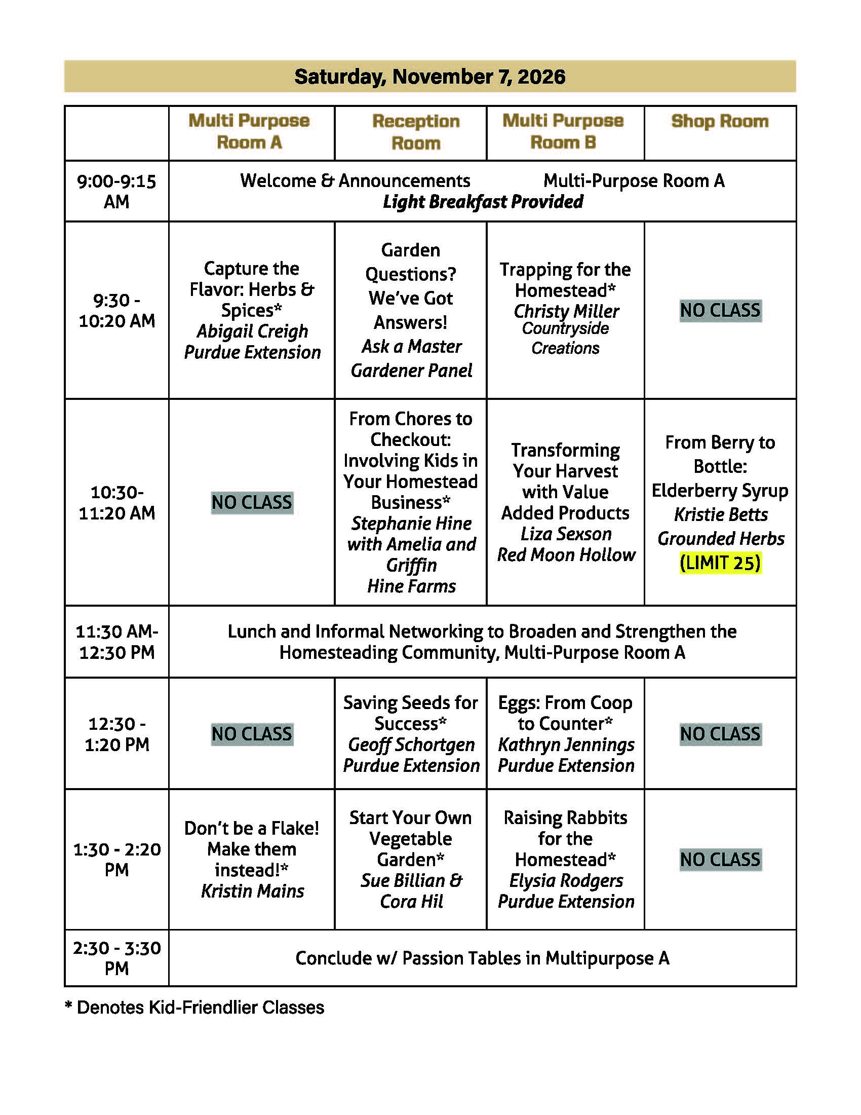 Saturday, November 7, 2026 Homesteading Conference Schedule