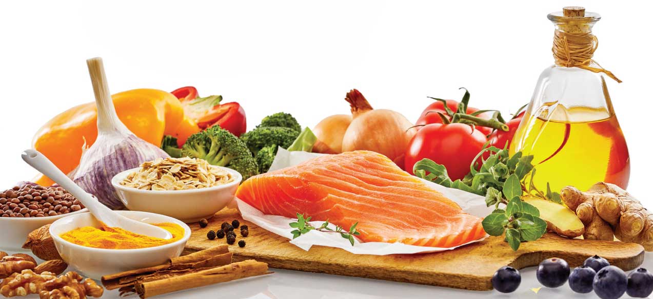 Raw salmon, Various food pantry staples
