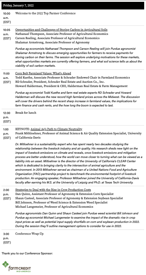 Purdue Top Farmer Conference Agenda: Friday, January 7, 2022