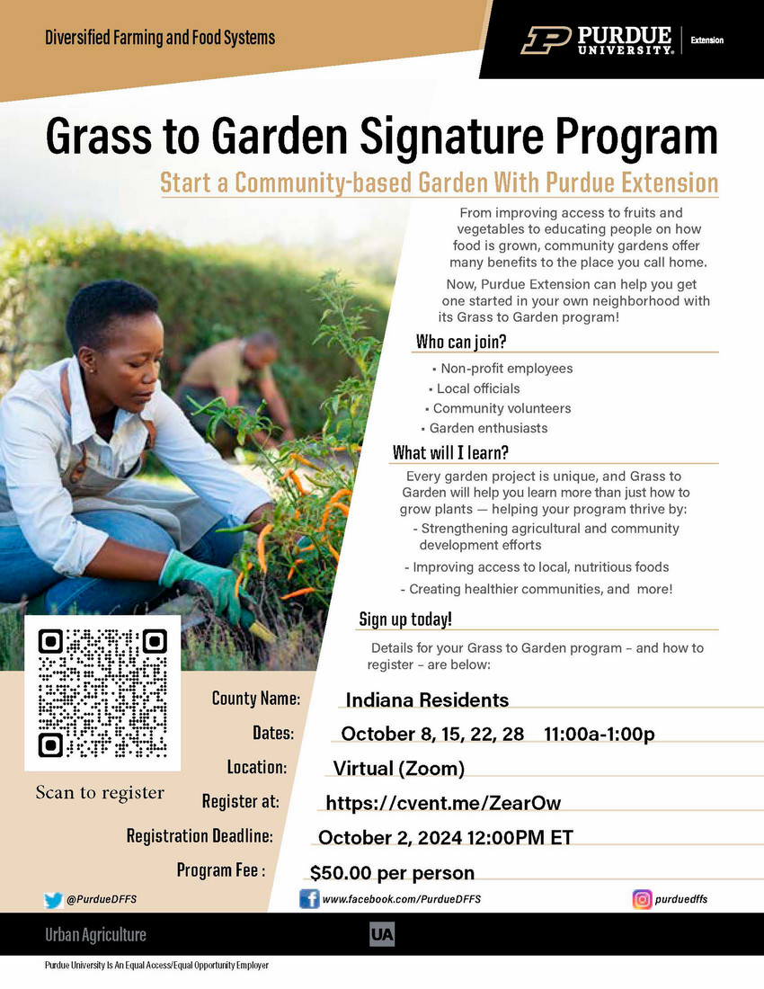 the flyer has two adults' tending to pepper plant in a garden with a high hedgerow. there is also information about the classes and QR code for the registration link.