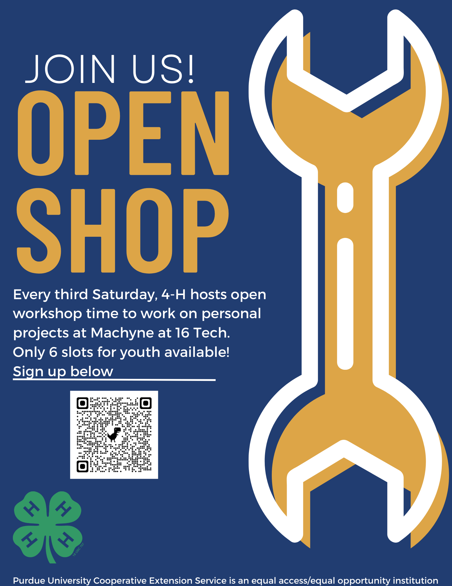 graphic of a wrench, the 4-H clover and text of OPEN SHOP