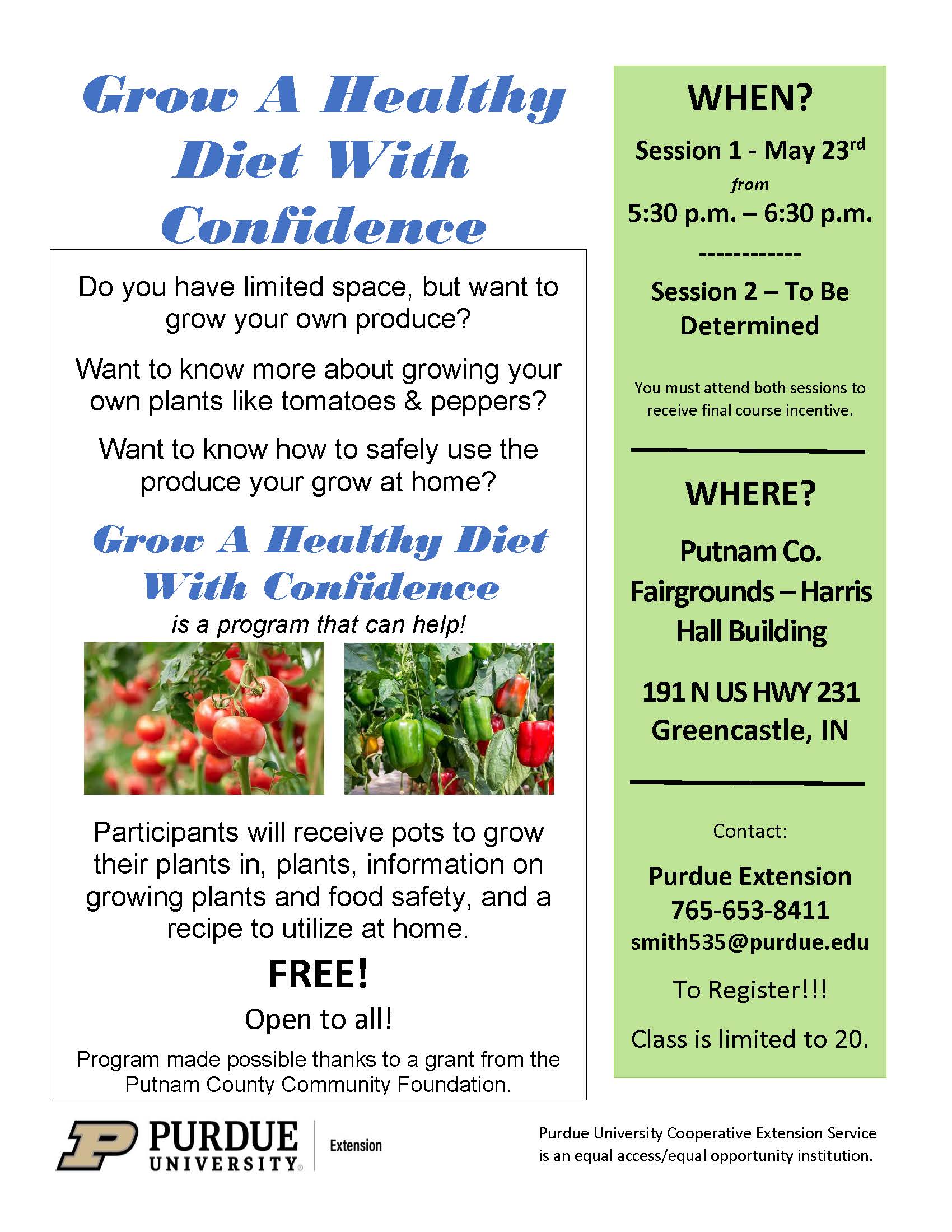 Flyer for the grow a healthy diet with confidence program with images of tomatoes and peppers.