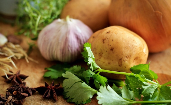 onion, potato, and kale