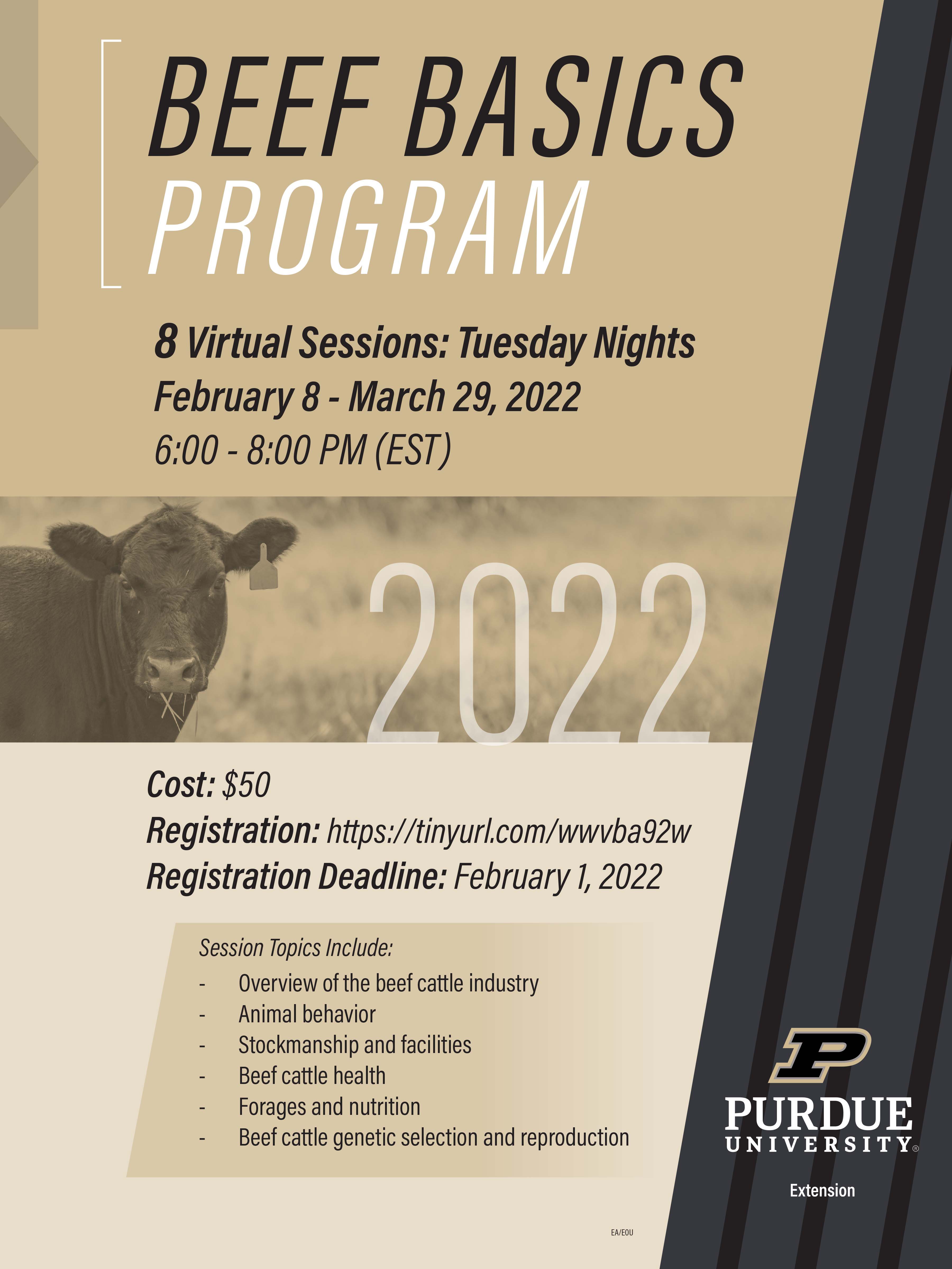  Purdue Extension beef experts invite producers with fewer than five years of experience and individuals who are considering starting a beef cattle operation to join them for Purdue Beef Basics. The virtual program is scheduled for 6-8 p.m. ET Tuesday evenings starting Feb. 8 and ending March 29.