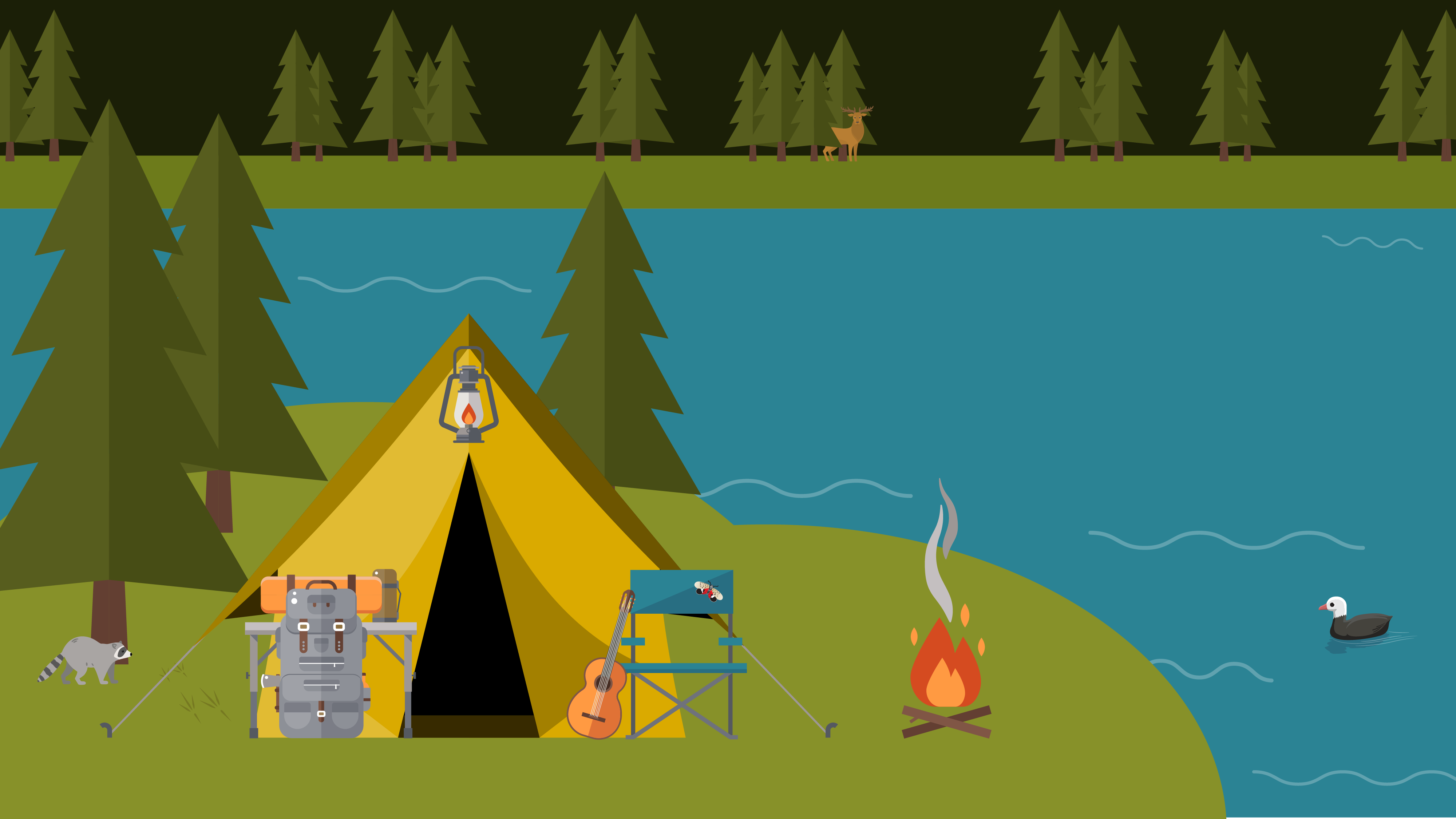 graphic of camping tent in woods with bonfire 