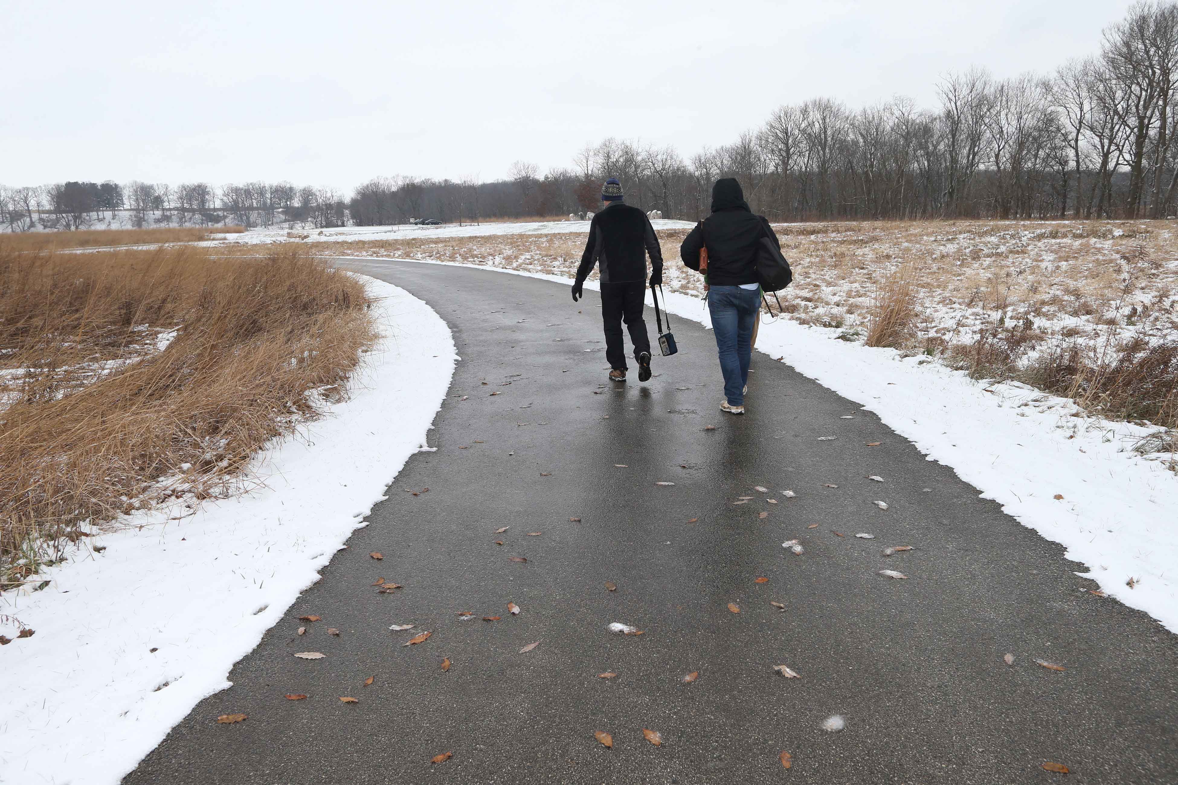 two adults walking on a trail in Indiana