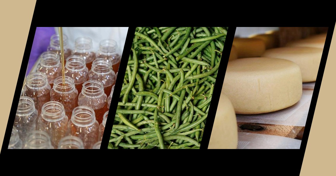 Apples in a grocery store, jars of honey being filled, packaged meat in a case
