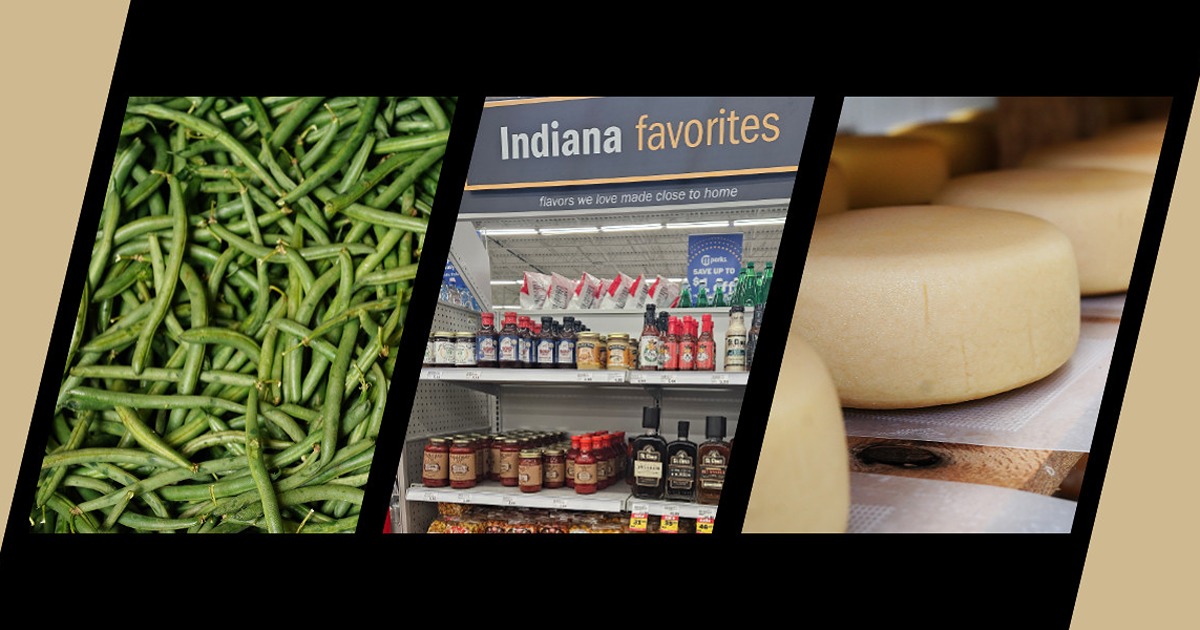 Fresh green beans, grocery store shelves displaying “Indiana favorites” and local products, cheese aging on a shelf