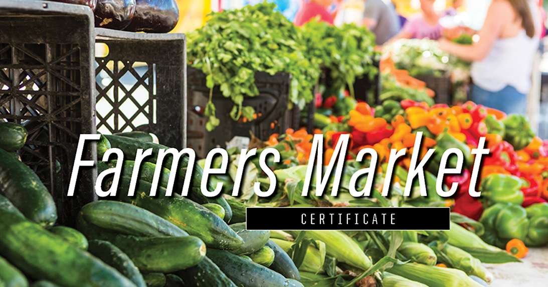 Farmers Market certificate, produce in the background