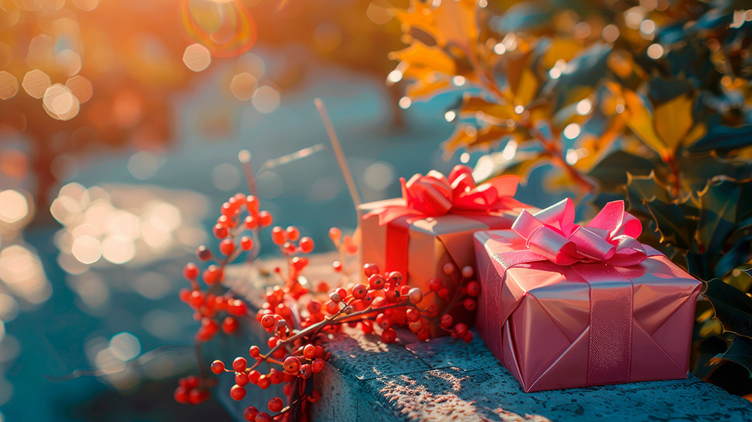 2 wrapped gifts on a concrete wall with decorative grapes between them