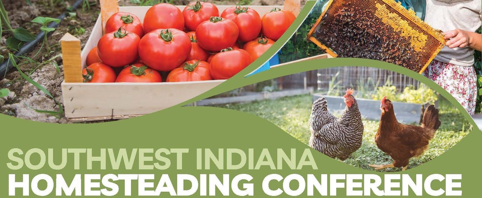 Title of conference with images of tomatoes, beekeeping and chickens in the background