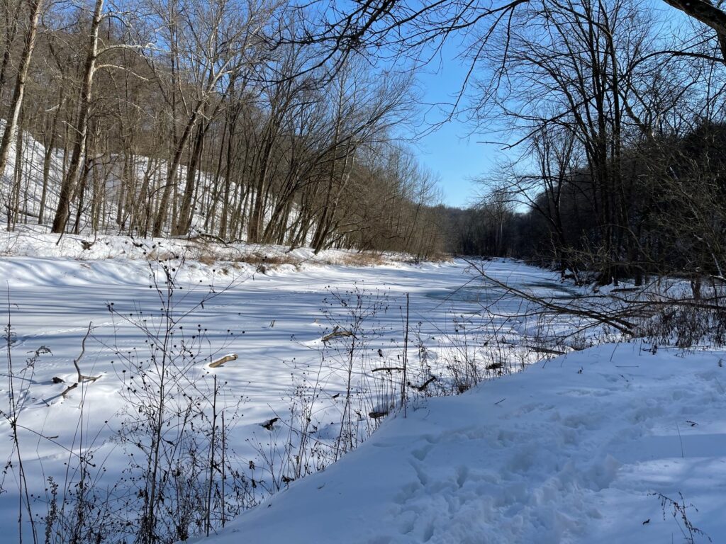 Image of a frozen creek (all cover with snow)