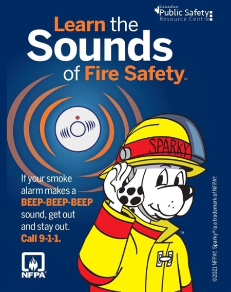 fire prevent week pamphlet with caption Learn the sounds of fire safety