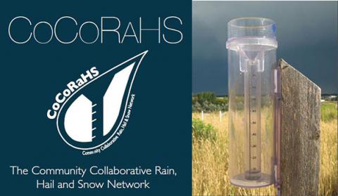 Image of a drop of water with letters Community Collaborative Rain Hail and Snow Network on the left. On the right a beaker outdoors for water collection.