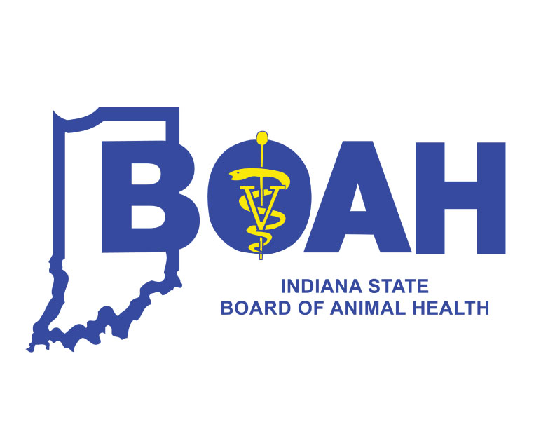 Image with map of Indiana with BOAH leters and caption Indiana State Board of Animal Health