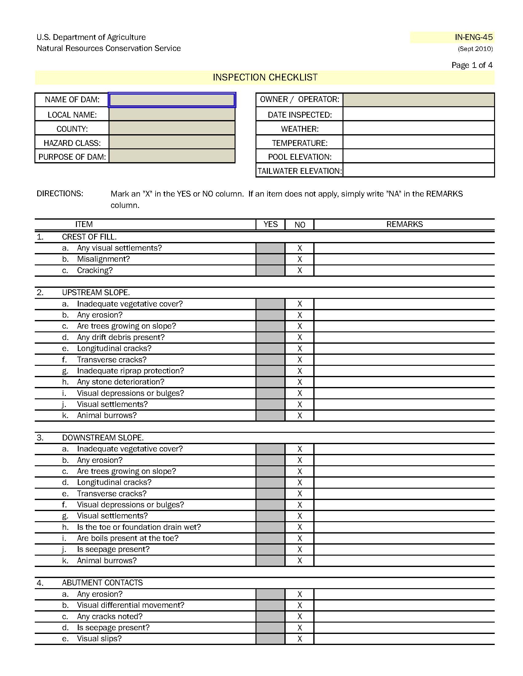 NRCS Pond checklist