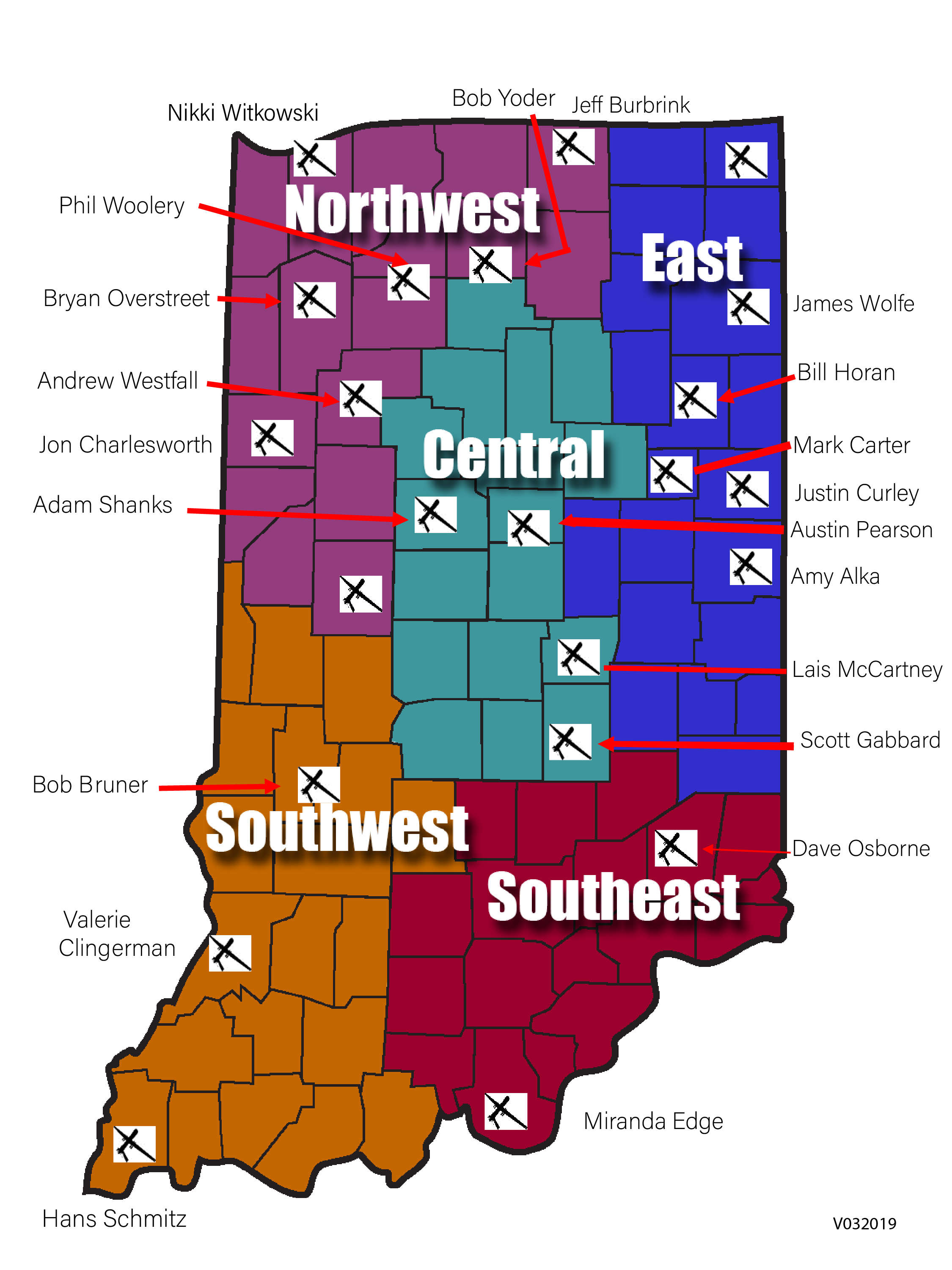 Image of a Indiana map with the locations of anr educators in drone program