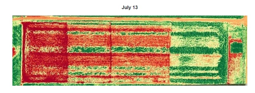 red and green remote sensor image from drone of field