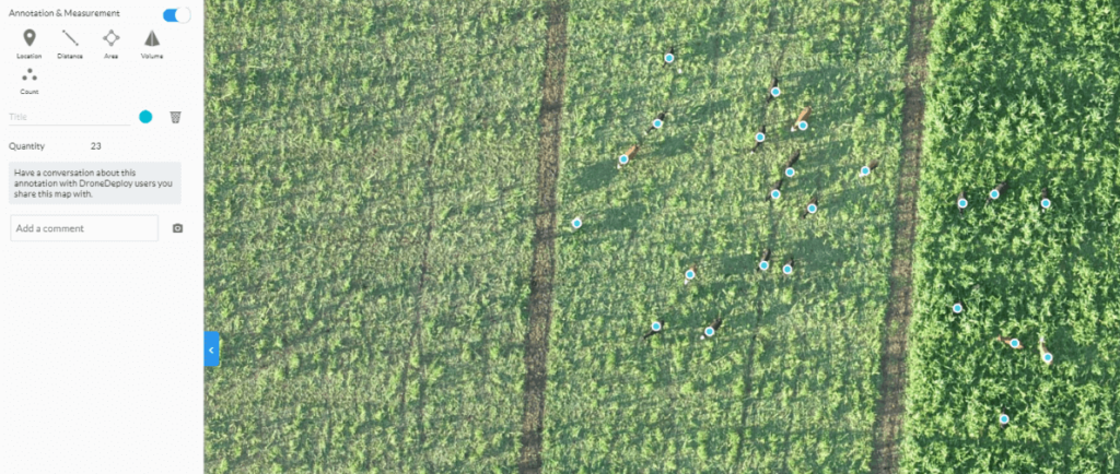 300 foot high image of cattle herd in grassy field blue dots used to identify each